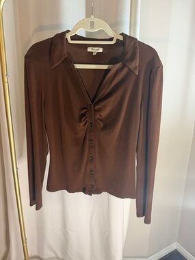 Madewell Brown Gathered-Front Button-Down Top